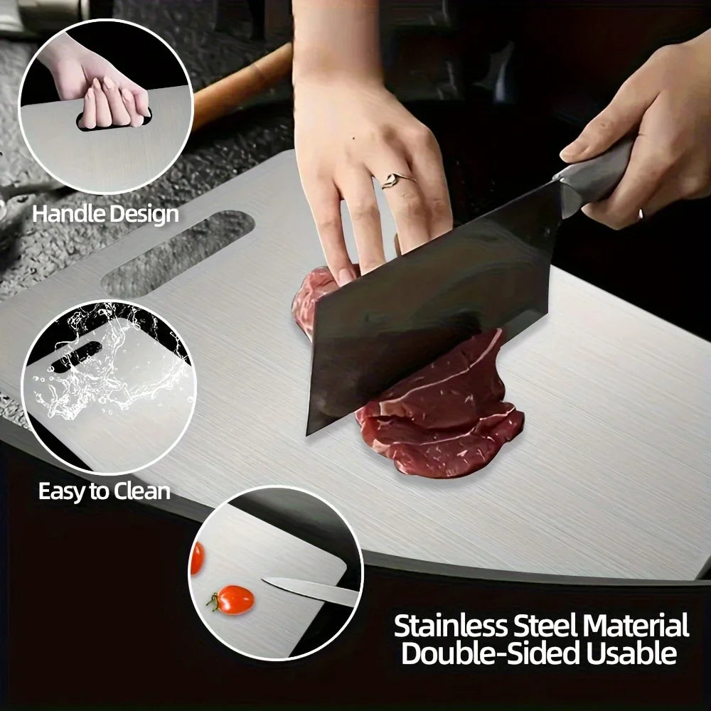 Premium Stainless Steel Cutting Board with Handle - Double-sided Design for Cutting Fruits, Vegetables, Bread, and Meat Qme