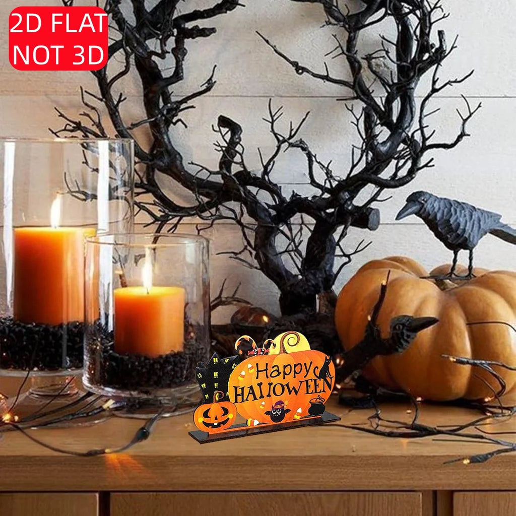 Halloween 2D Wooden Desktop Sign - "Happy Halloween" Pumpkin Ghost House Corn Candy Bat Decoration, Halloween Decoration Qme