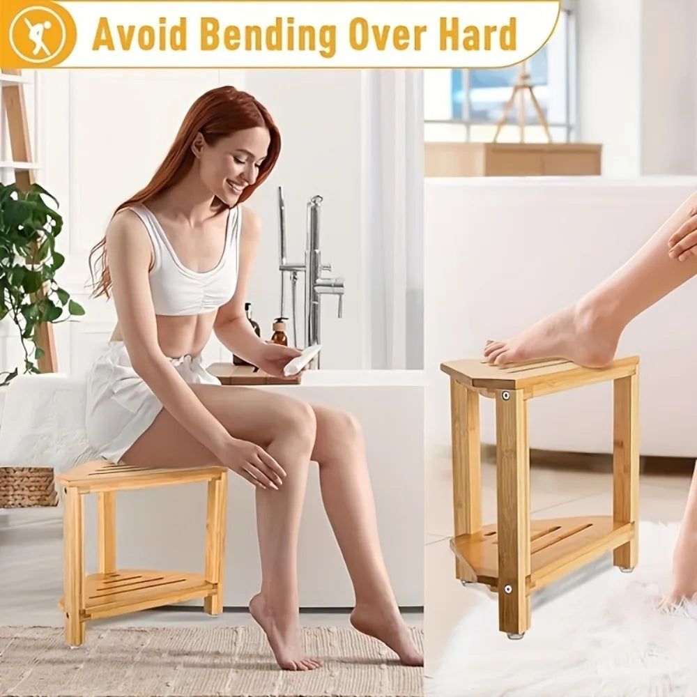 Shower Foot Rest Wood Shower Stool for Shaving Legs Waterproof Corner Shower Stool with Storage Shelf for Inside Shower Spaces Qme