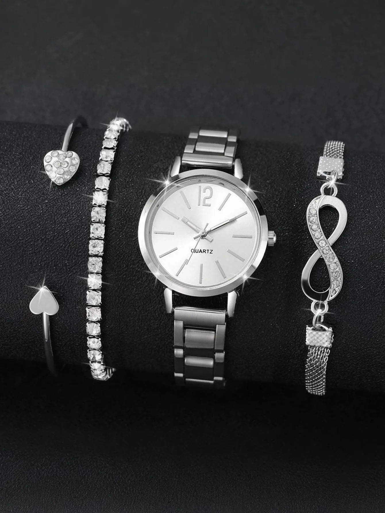 4pcs /set women's watch temperament steel strip women's watch fashion simple trend women's quartz watch bracelet set Qme Silver white set