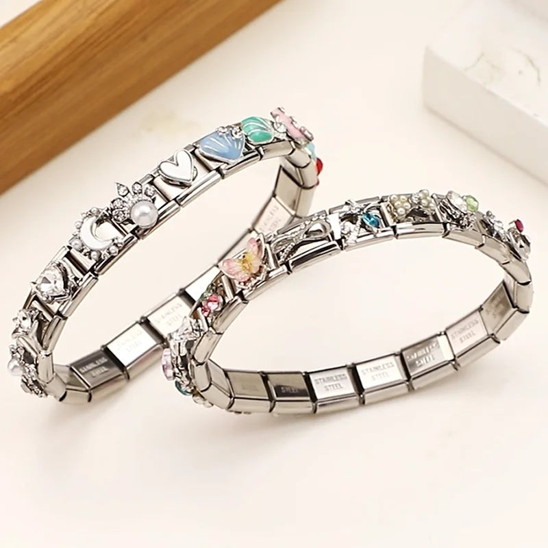 Bright Zircon Multielement Stars Shell ButterflyItalian Charm Links Fit 9mm Stainless Steel Bracelet Women Jewelry DIY Making Qme
