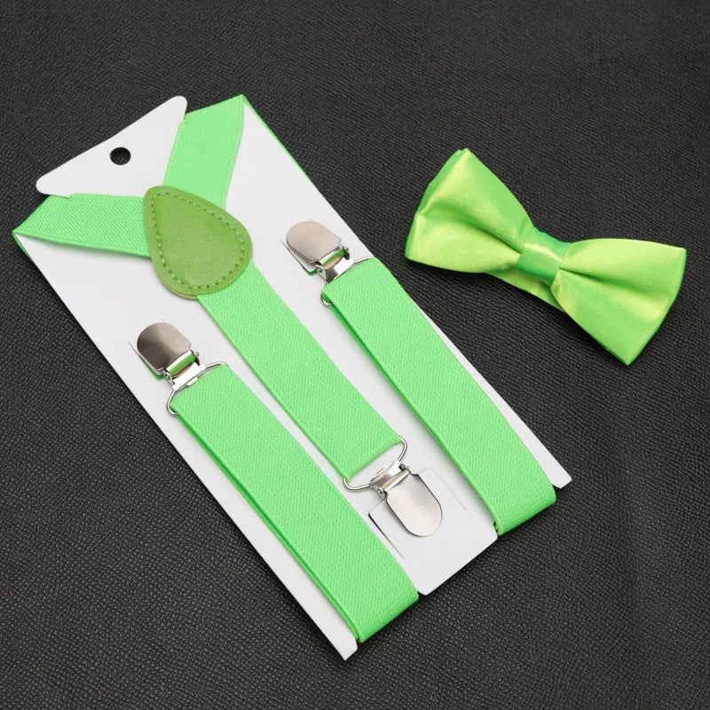 Kids Suspenders for Pants Bowtie Set Matching Tuxedo Suit Boy Girl Childs Black Adjustable Y-Back Brace Belt Wedding Accessories Qme light green