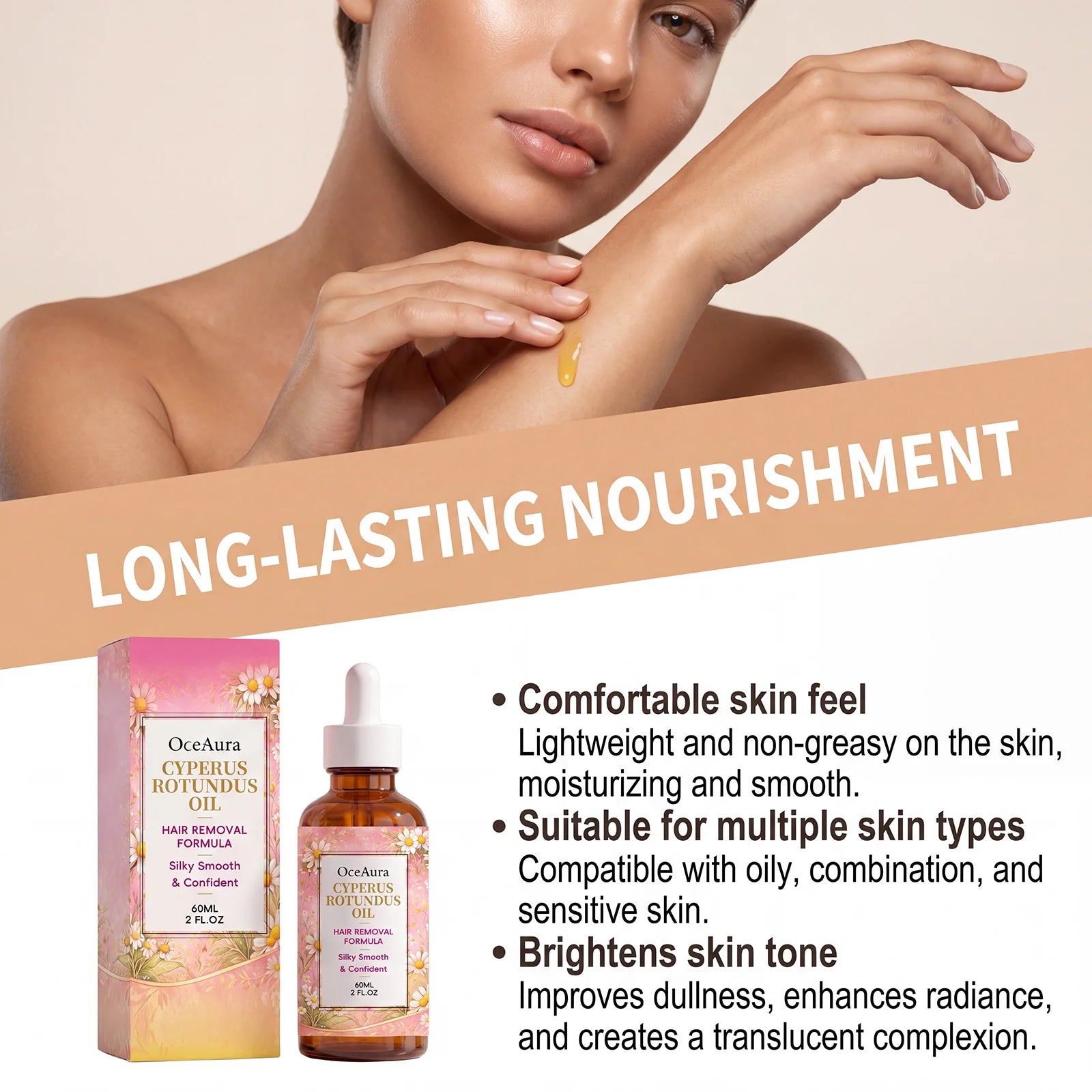 OceAura Cyperus Rotundus Hair Removal Oil Lightweight Non Greasy Gentle Soothing Moisturizing Silky Smooth Hair Reduction Oil Qme