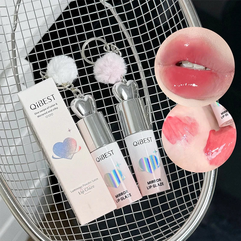 Heart Shape Pom-poms Water Light Lip Llaze Mirror Pendant Lipstick Qme