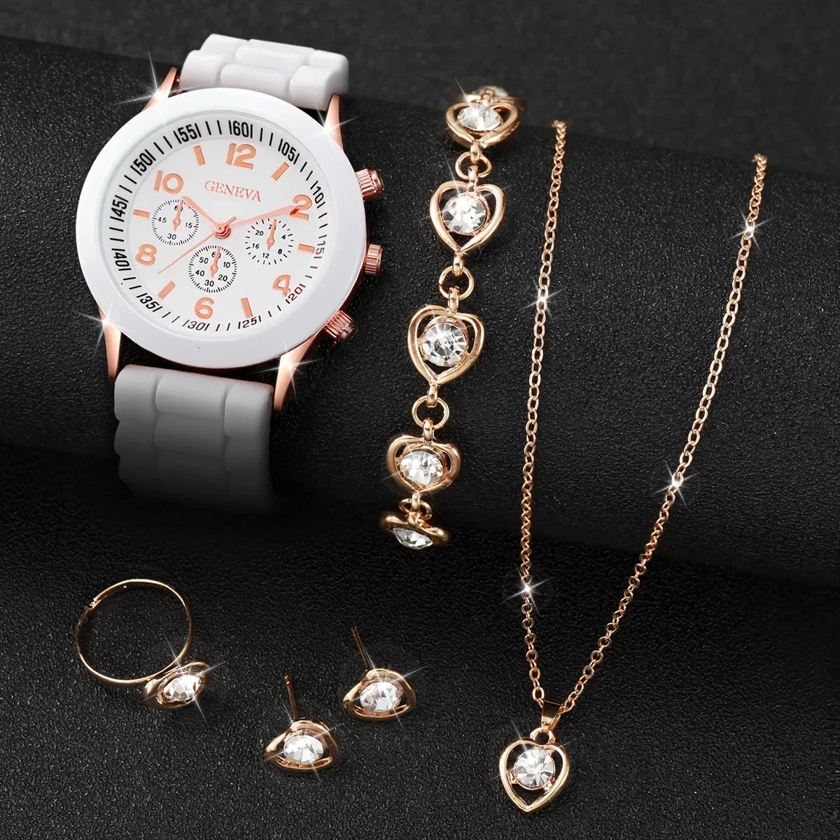 6PCS/Set Women's Watch Casual Silicone Band Analog Quartz Watch Rhinestone Heart Jewelry Set(Without Box) Qme