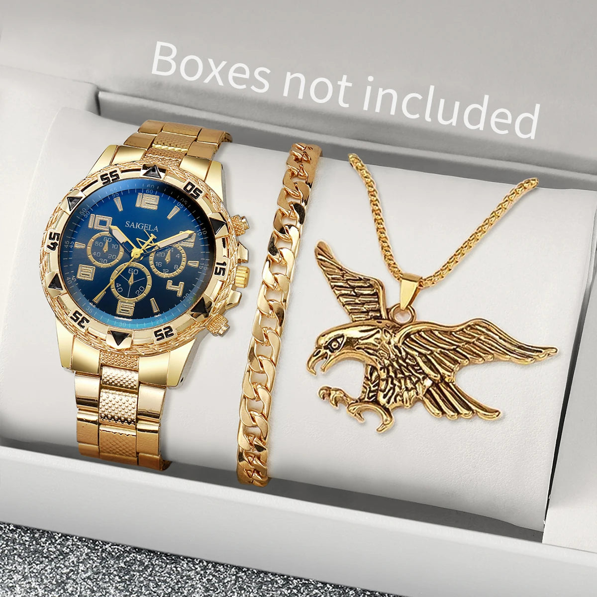 Men's Stainless Steel Quartz Wrist Watch, Casual Set With Necklace And Bracelet, Caseless Business Watches, Fashion, 3 Pieces Qme 2
