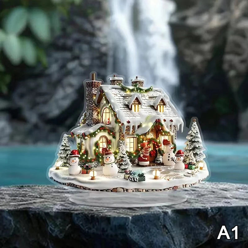 2D Flat Acrylic Christmas Desk Decor Base Snowman House Rotating Qme A1