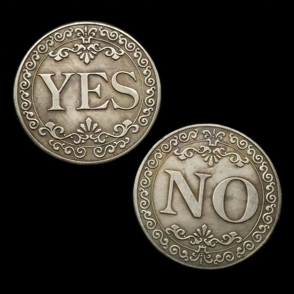 Decision Lucky Coin Double Sided Yes No Antique Silver Gray Qme