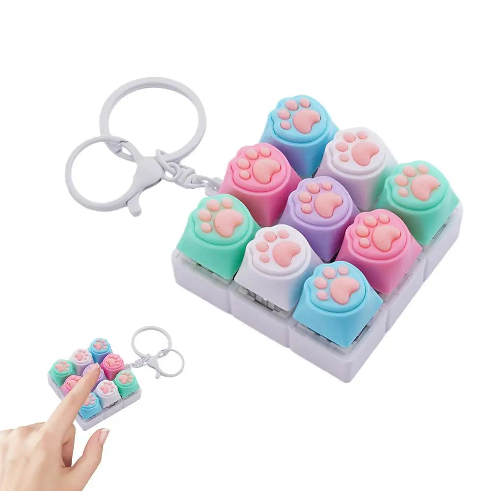 9 Keys Keyboard Key Toy Cat Paws Finger Button Stress Relief Toys Mechanical Keyboard Keycaps Keychain Office Decompression Calm Qme C