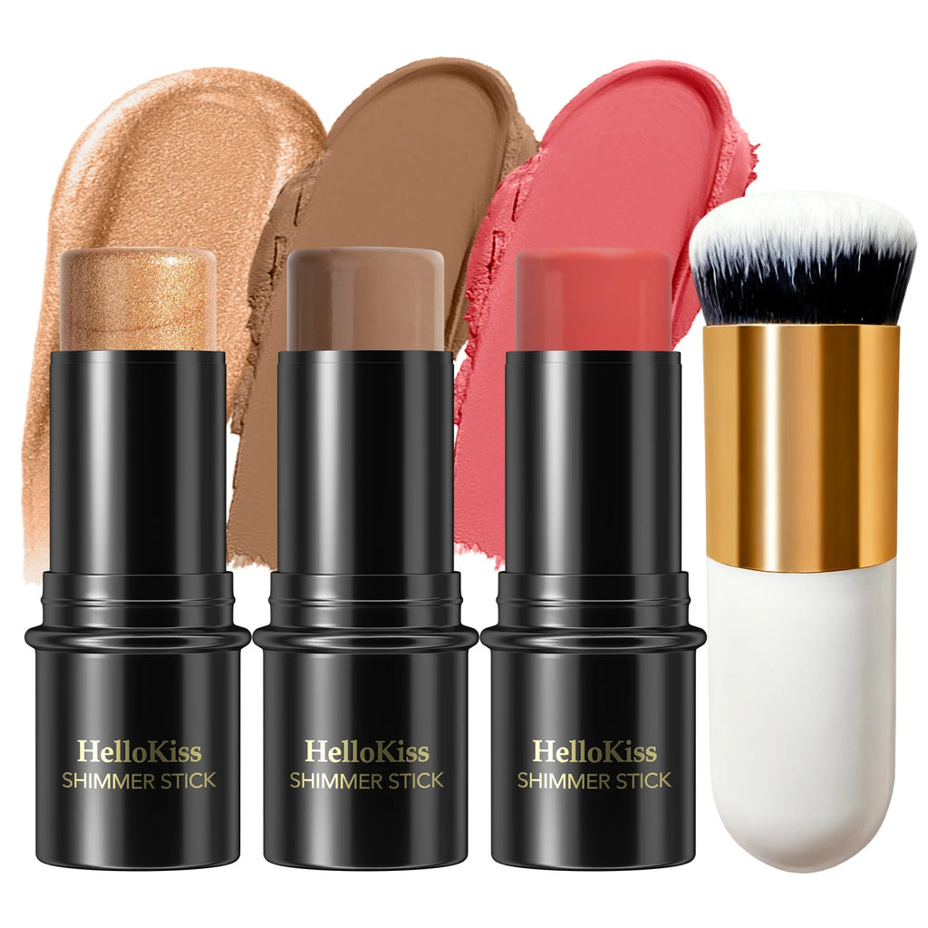 4pcs Contour Stick Set, Highlighter, Blush & Bronzer with Highlight Brush Long-Lasting, Perfect for Halloween & Graduation Gifts Qme