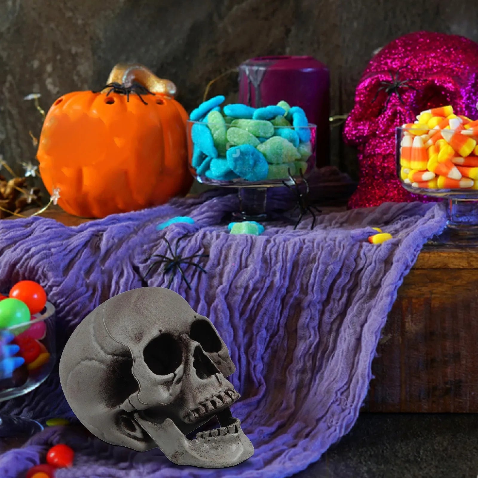 Halloween Realistic Plastic Skull Head Skeleton Model Halloween Party Home Yard Decoration Haunted House Horror Props Qme