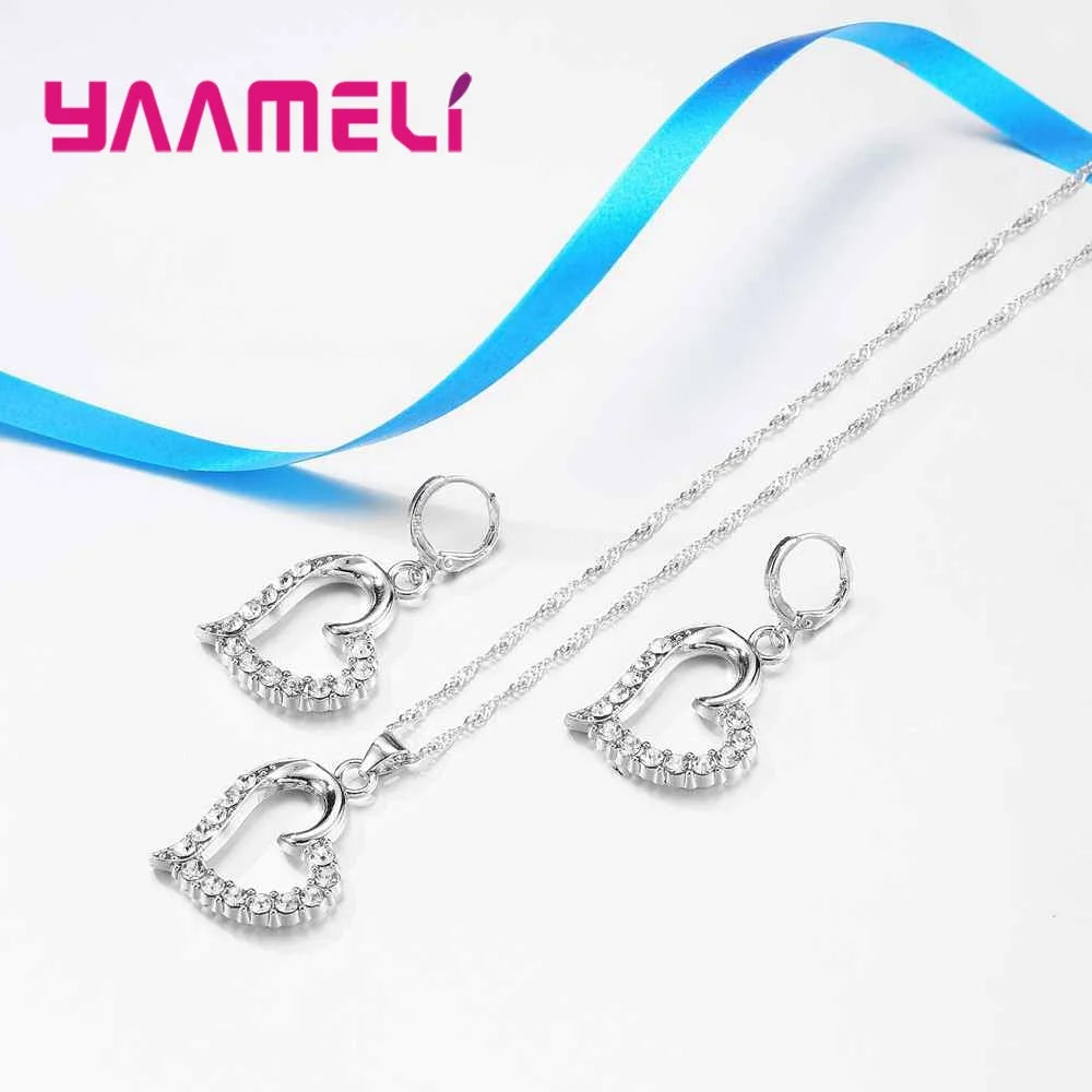Birthday Valentines Gift Cubic Zircon Heart Pendant Jewelry Set 925 Sterling Silver Color Necklace Earring Women Wedding Sets Qme
