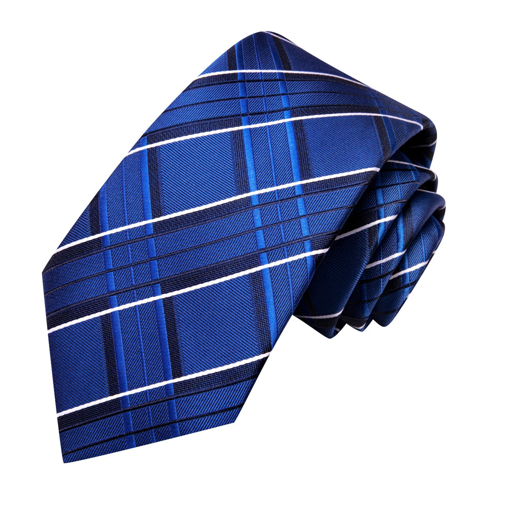 Hi-Tie Navy Blue Striped Plaid Fashion Mens Elegant Tie Handkerchief Cufflinks Set Wedding Party Accessories Gift for Men Gravat Qme