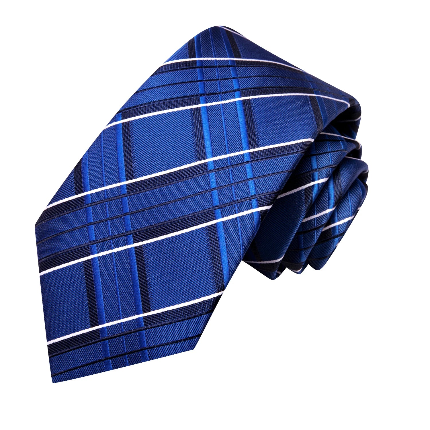 Hi-Tie Navy Blue Striped Plaid Fashion Mens Elegant Tie Handkerchief Cufflinks Set Wedding Party Accessories Gift for Men Gravat Qme