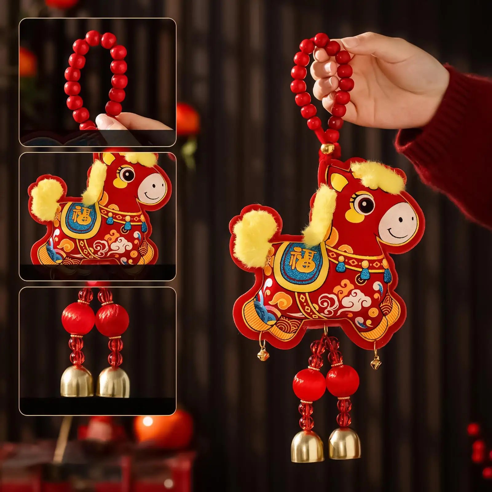 Horse Decorations Good Fortune Ornament with Bell Pendant Embroidery 2026 Chinese New Year Door Decorations for Wealth Success Qme