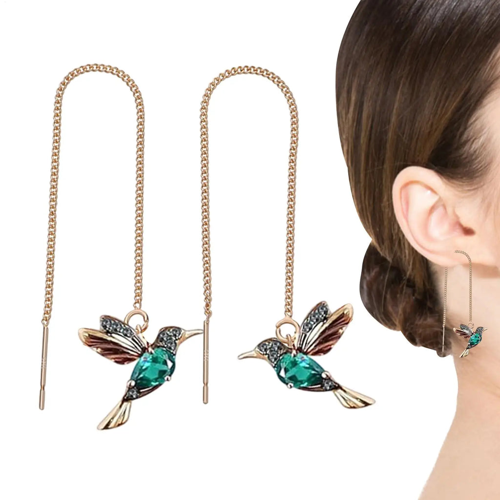 Hummingbird Pull Through Threader Earrings Hummingbird Wing Pendant Necklaces Portable Light Weight Long Chain Drop Earrings Qme
