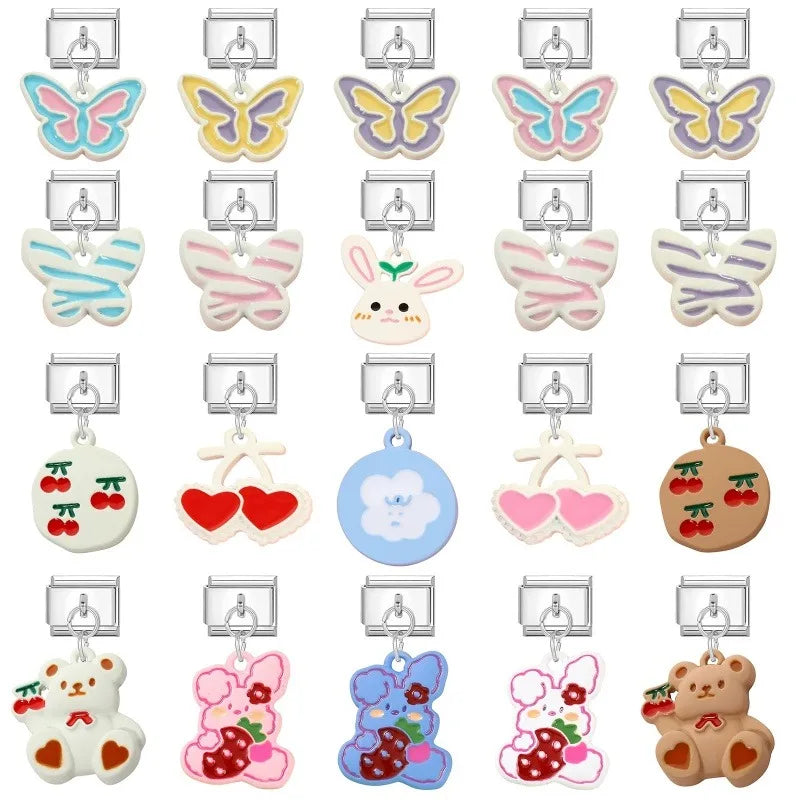 2025 Wholesale Cute Cartoon Rabbit Bear Pendant Italian Charm Links Fit 9mm Stainless Steel Bracelet Women DIY Making Jewelry Qme