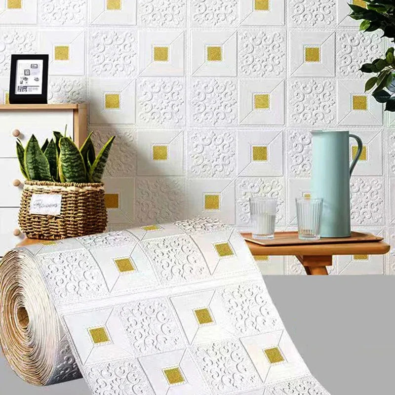 35X35cm Gold Retro Brick Foam Wall Sticker Wallpaper Waterproof Self Qme