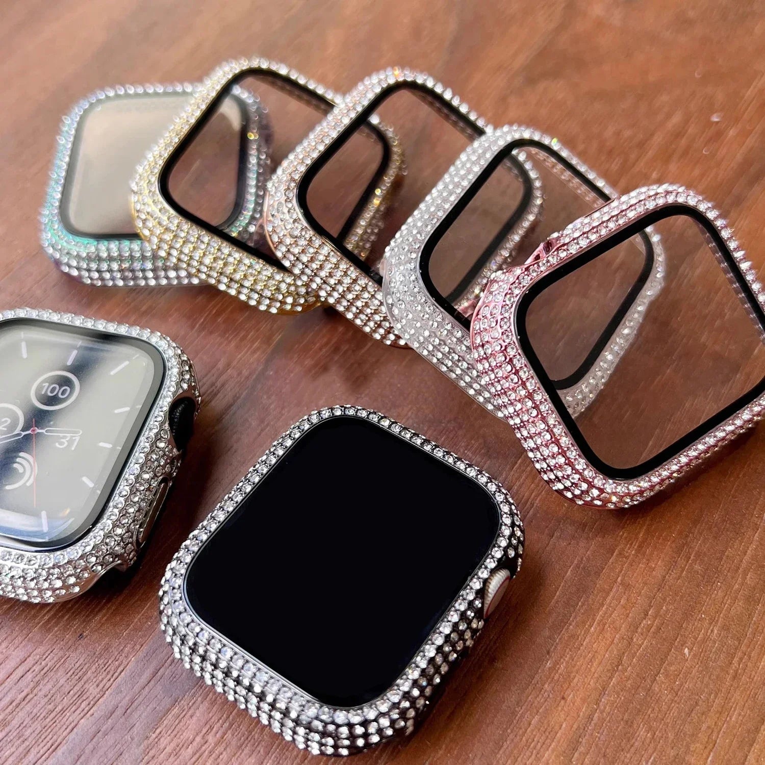 1pc Rhinestone Decor Tempered Glass Screen Protector Watch Case For Apple Watch 38/40/41/42/44/45Mm,Series SE/9/8/7/6/5/4/3/2/1 Qme