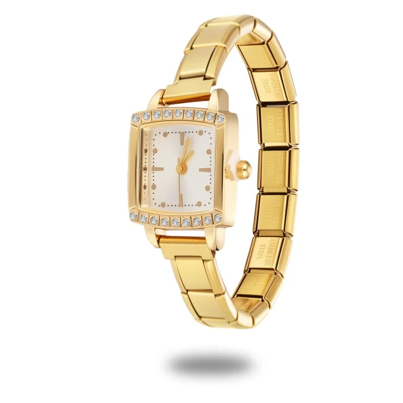 Fashion Women's Men's DIY 9mm Width Italian Elastic Charm Stainless Square Shiny Zircon Watch Bracelet Bangle For Birthday Gifts Qme Style 2
