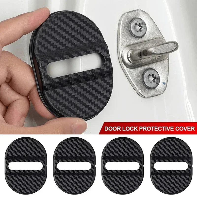 4Pcs Carbon Fiber Door Lock Covers – Universal Shock-Absorbing, Noise-Reducing, Rainproof, Easy Peel & Stick Fit for Sedans/SUVs Qme