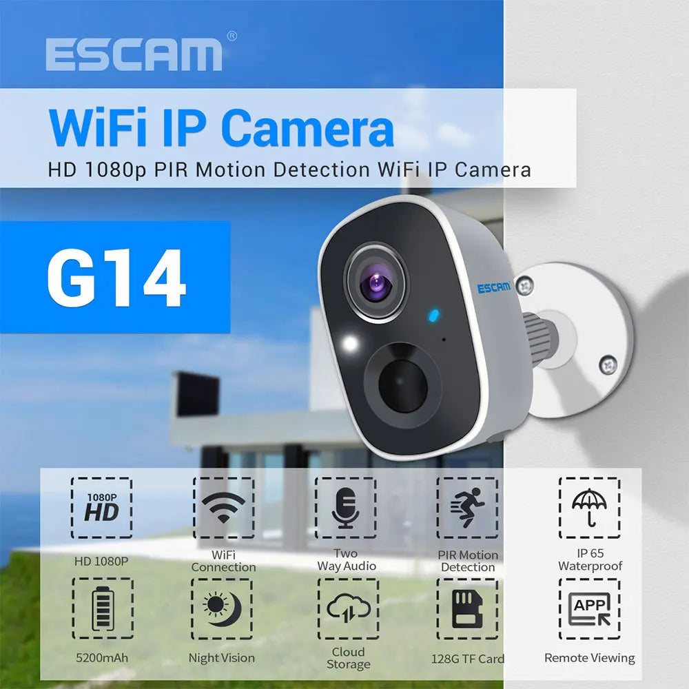 ESCAM G14 1080P H.265 WiFi IP Camera Full HD AI Recognition Rechargeable Battery PIR Alarm Cloud Storage Electronic Qme Standard ADD 32G