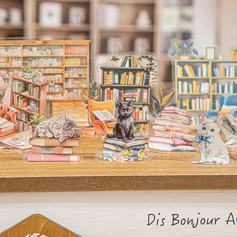 Sticker Pack 15 Sheets/Bag Bookstore Reading Cat Scrapbook Stationery DIY Journal Phone Case Notebook Decoration Qme