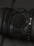 3-piece watch set, men's exquisite versatile watch, fashionable quartz watch, simple temperament watch set Qme black No
