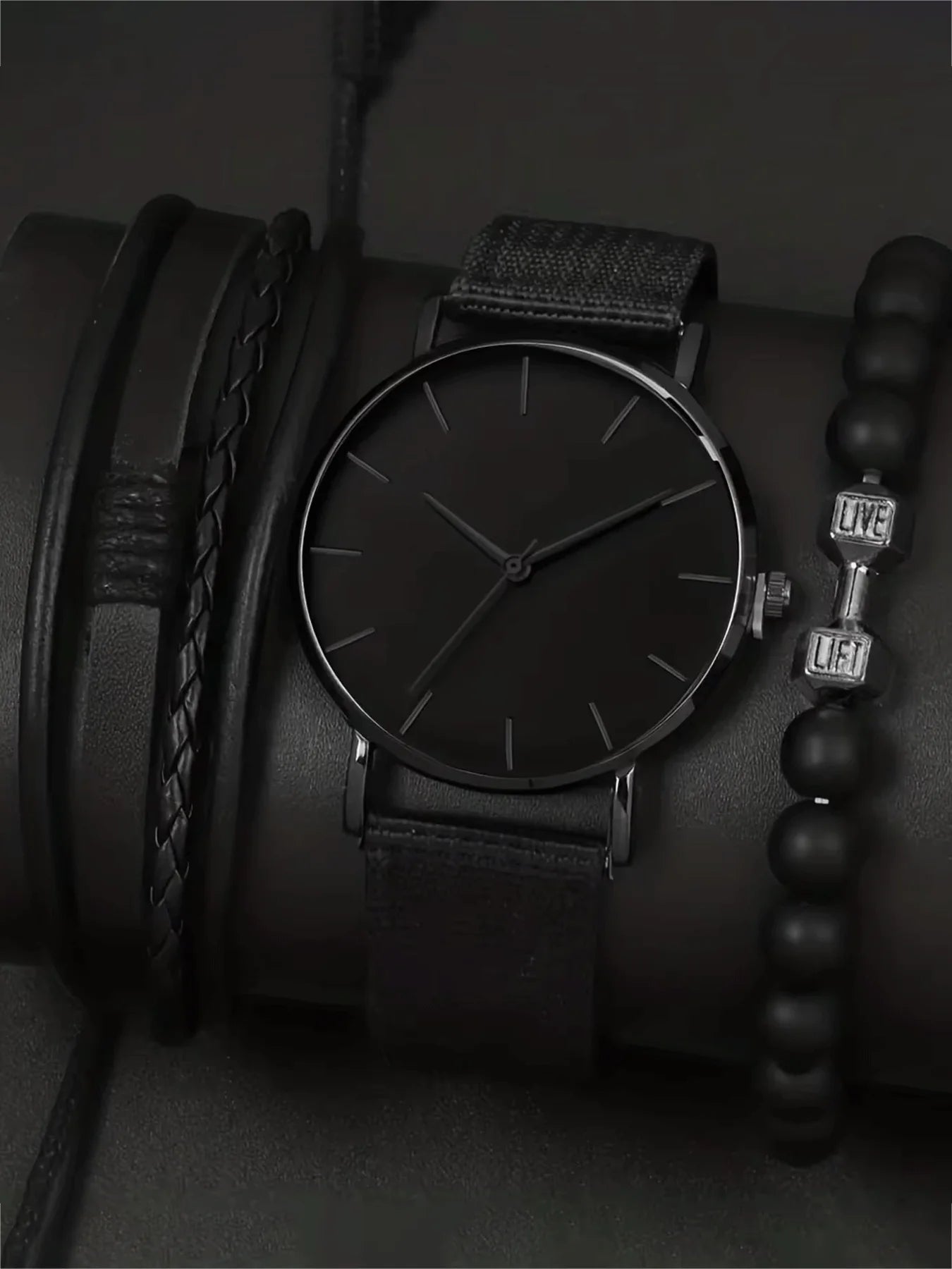 3-piece watch set, men's exquisite versatile watch, fashionable quartz watch, simple temperament watch set Qme black No