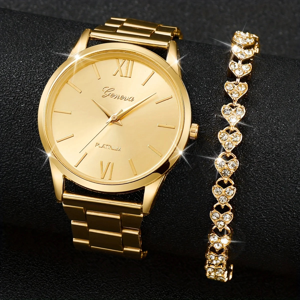 2pcs/set Golden Fashion Quartz Watch Business Minimalist Steel Band Wrist Watch & Bracelet, Gifts For Women Her Qme Gold