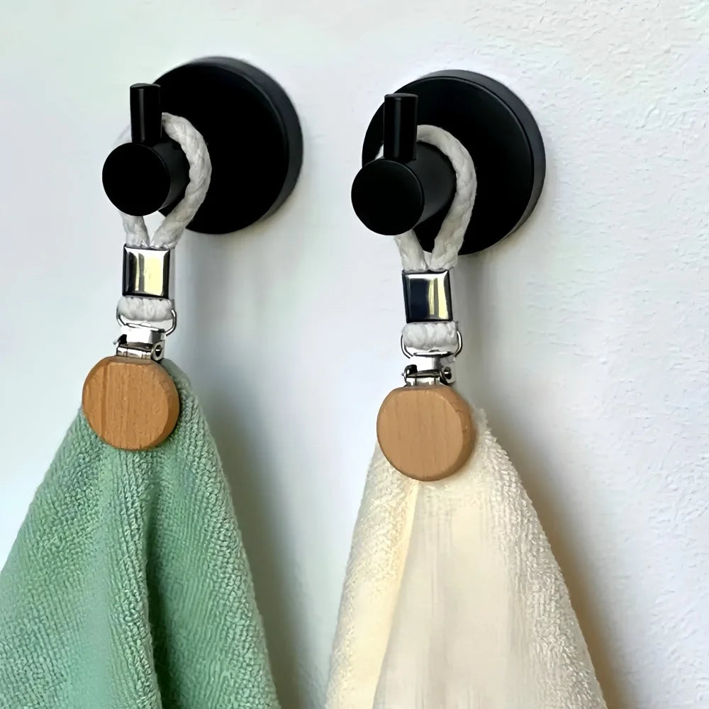 1-8PCS Towel Hanging Clips woven Cotton rope Bathroom wood round head Metal Hanging Clips For Home Towel Clothes Storage Hook Qme