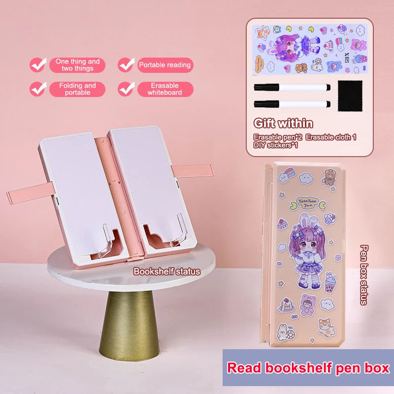 1 Foldable Reading Bookshelf Multi-function Pen Case Pencil Box Qme 36.6CM pink
