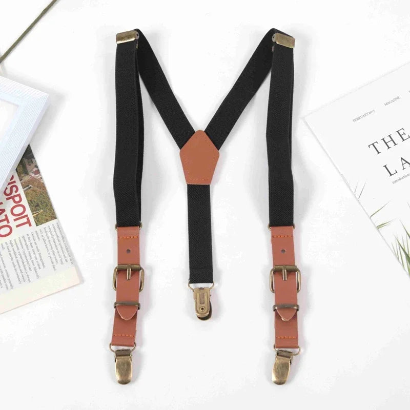 Kids Suspenders Tuxedo Y-back 3 Clips Adjustable Elastic Trouser Qme black