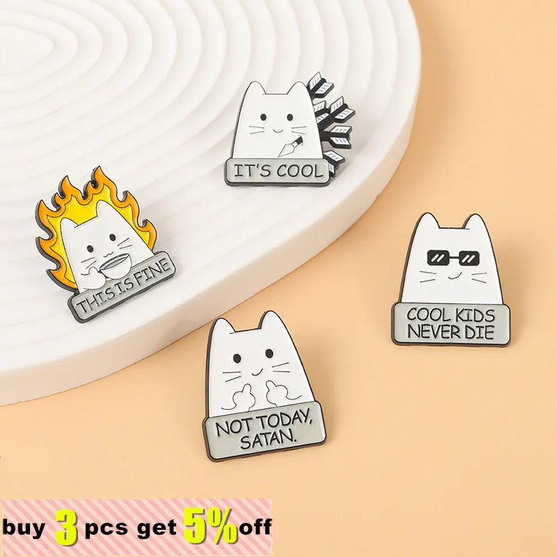Cartoon Cat Enamel Pin I'm Fine Quote Metal Cute Animals Knife Badge Lapel Clothes Brooch Jewelry Gift Backpack Gift for Friends Qme
