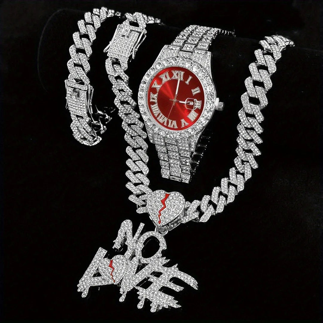 3-in-1 Hip Hop Jewelry Set for Men, Gold Iced Out Watch + Cuban Link Chain + "NO LOVE" Pendant Necklace + Bracelet, Gold Tone Qme Coffee