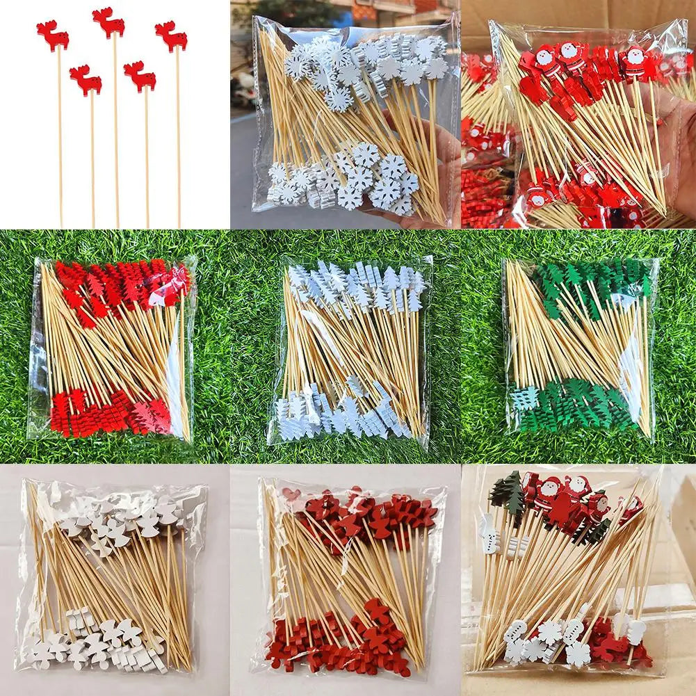 50Pcs/set Christmas Fruit Sticks Disposable Bamboo Sticks Snowflake Christmas Tree Elk Santa Claus Snowman Sticks Xmas Ornaments Qme