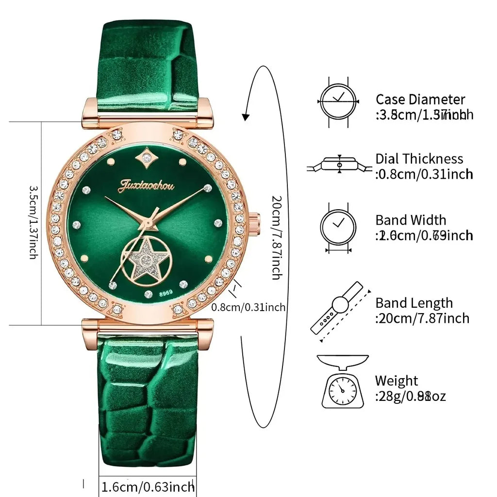 Rose Gold Ladies Green Leather Watch Set Water Drop Emerald Crystal Jewelry Necklace Earrings Ring Party Ornament Kit Qme