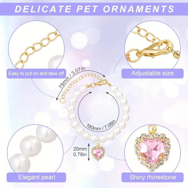1 pet pearl heart-shaped rhinestone pet necklace collar, adjustable wedding party collar, suitable for cats and super small dogs Qme