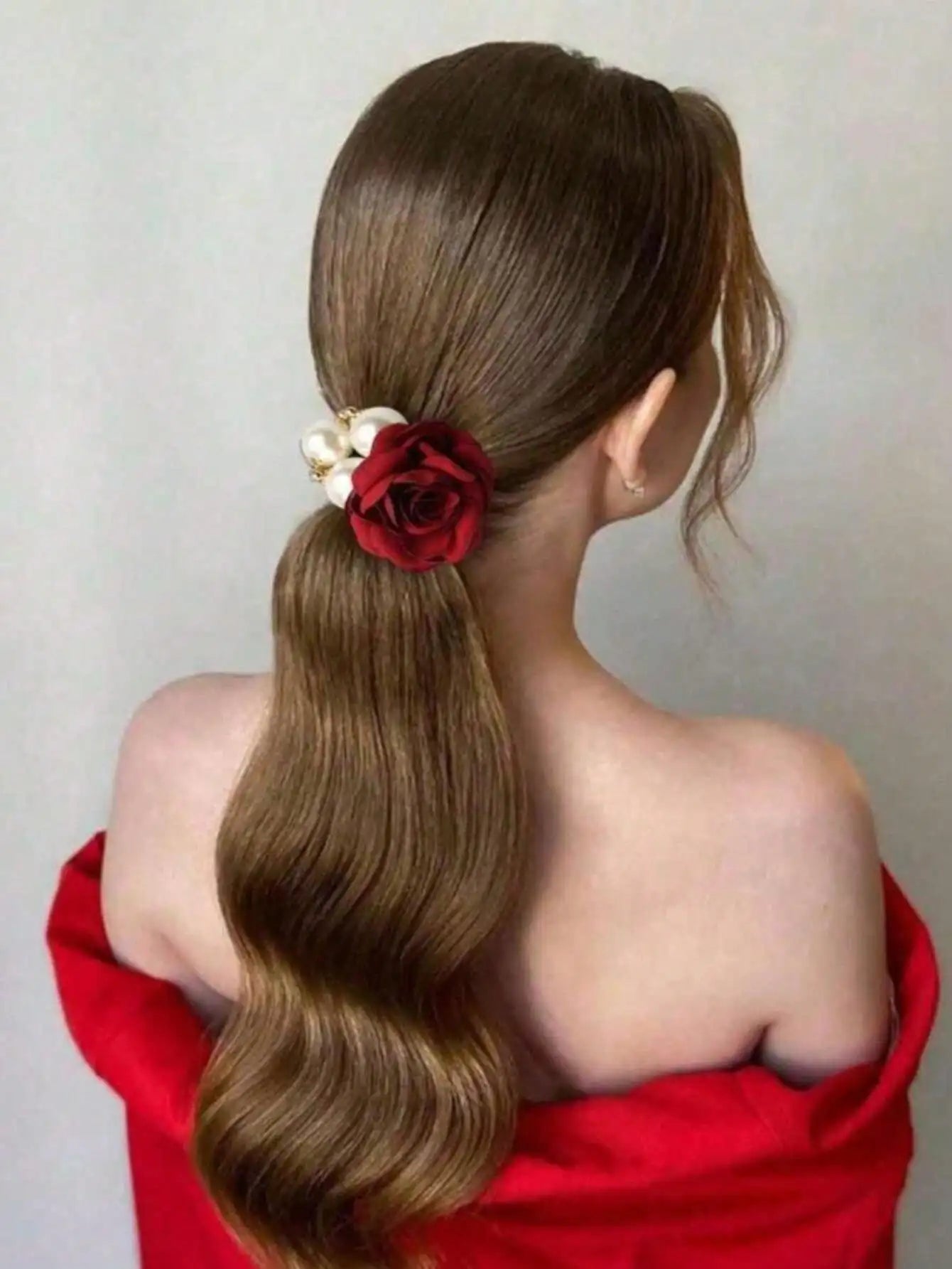 Pearl Rose Flower Hair Accessory Camellia Rope Ring Diamond Studded Qme red