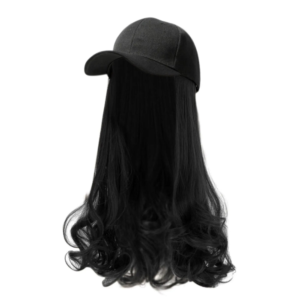 Baseball Cap With Hair Extensions Long Curly Hairstyle Adjustable Removable Black Wig Hat 17.7inch For Woman Girl Qme
