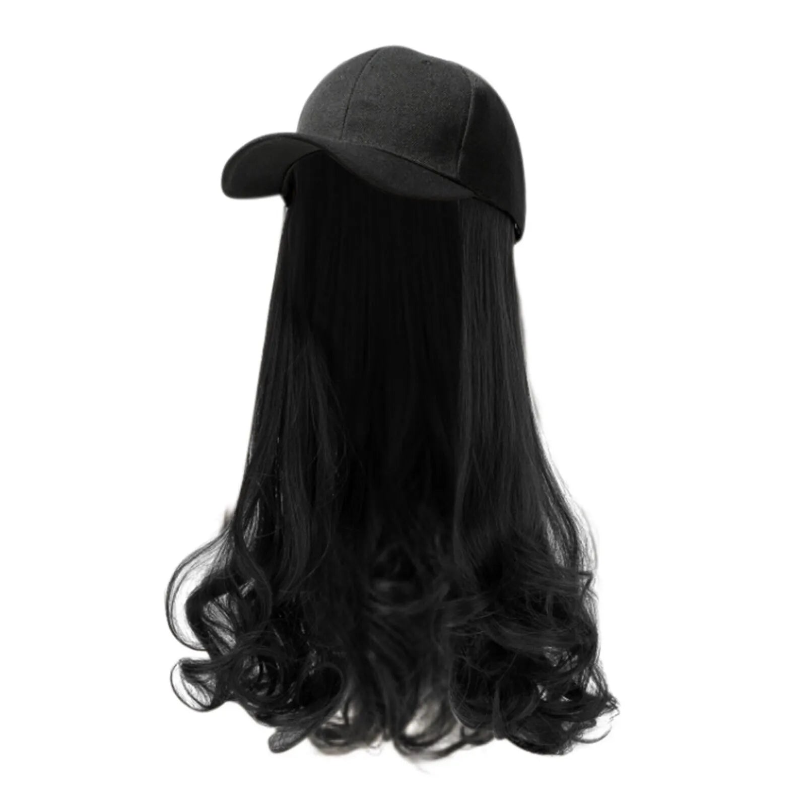 Baseball Cap With Hair Extensions Long Curly Hairstyle Adjustable Removable Black Wig Hat 17.7inch For Woman Girl Qme