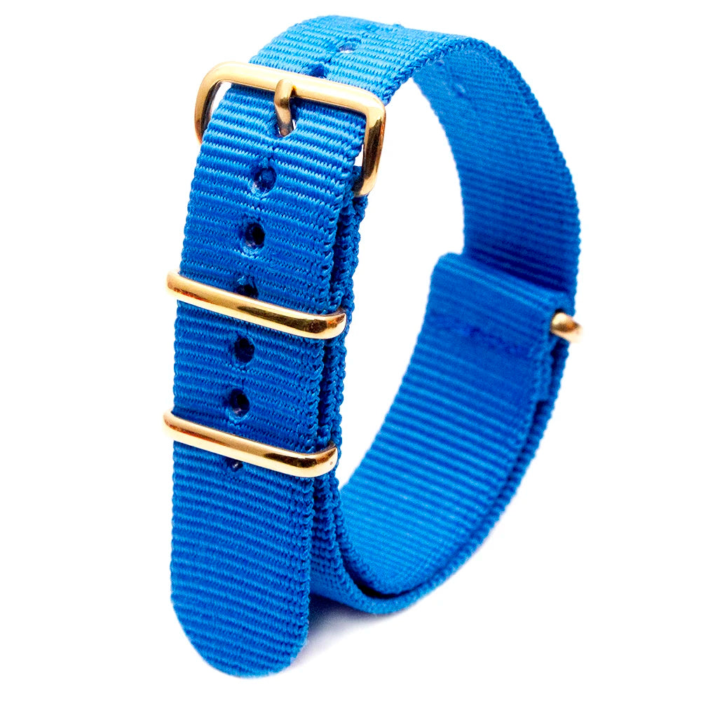 Hot Selling Gold Square Buckle Nylon Four Colors Watch Strap Fashionable Wear Resistant Watch Striped Bracelet Nice Watch Strap Qme SkyBlue 22 mm