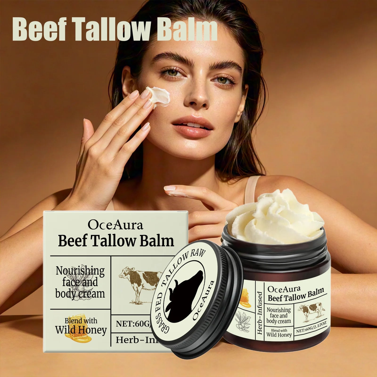 OceAura Beef Tallow Balm Wild Honey Infused Deep Moisturizing Gentle Sensitive Skin Friendly Facial Body Nourishing Care Cream Qme
