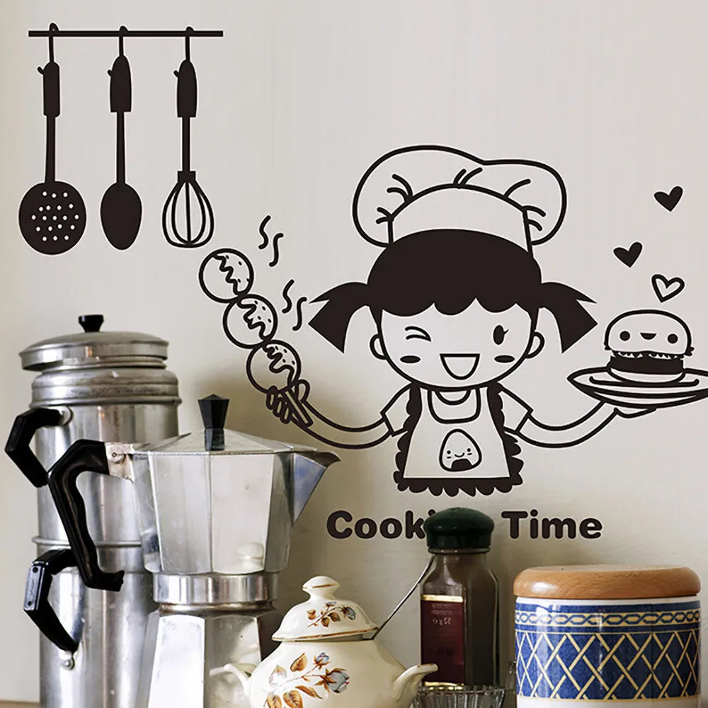 Happy Girl Chef Loves Cooking Wall Sticker Restaurant Bar Kitchen Dining Room Fridge Light Switch Decal DIY Art Home Decor Qme