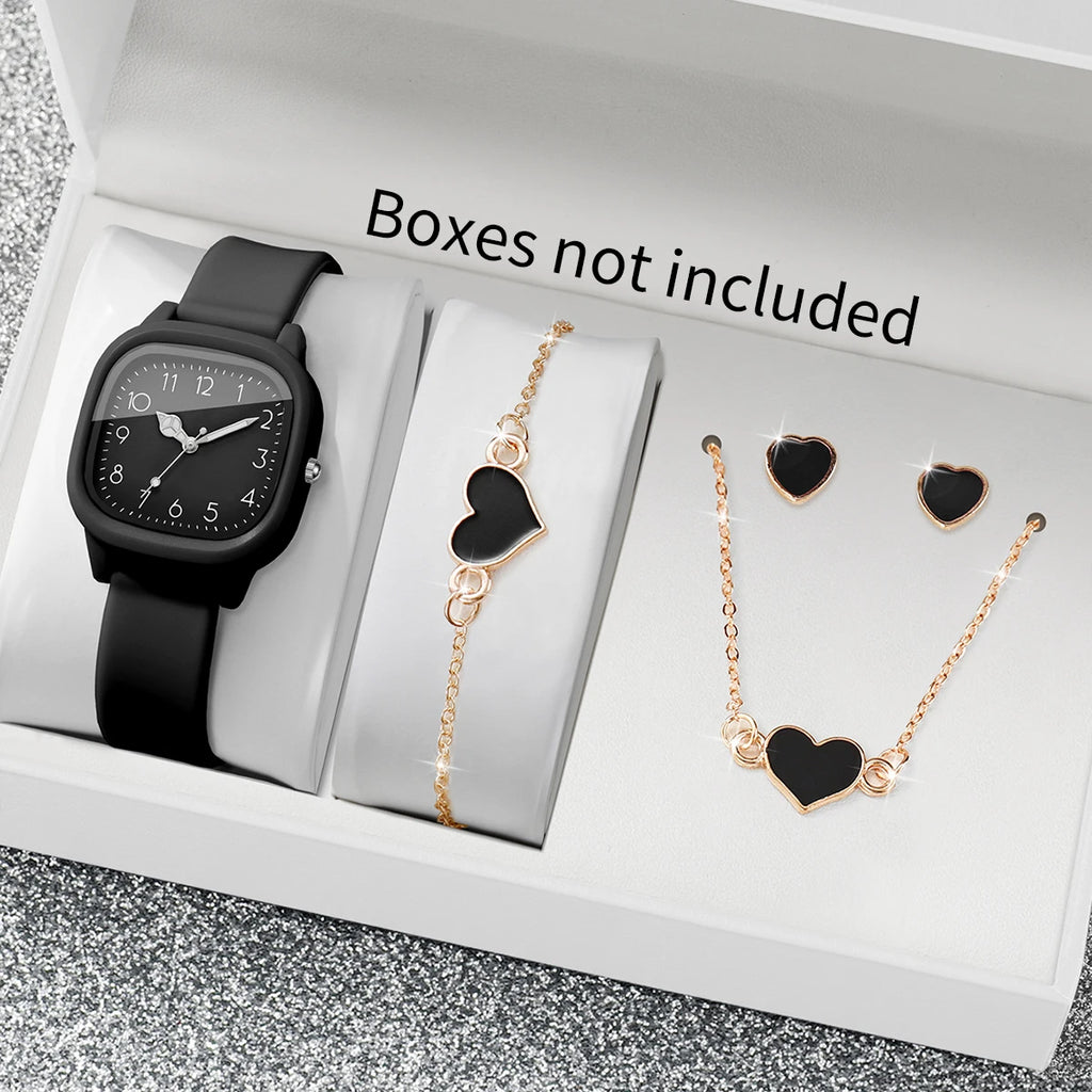 Women 4 In 1 Watch Jewelry Set Square Silicone Watch Black Heart Necklace Bracelet Earrings Elegant Ladies Quartz Wristwatch Gif Qme Black Set No Box