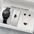Women 4 In 1 Watch Jewelry Set Square Silicone Watch Black Heart Necklace Bracelet Earrings Elegant Ladies Quartz Wristwatch Gif Qme Black Set No Box