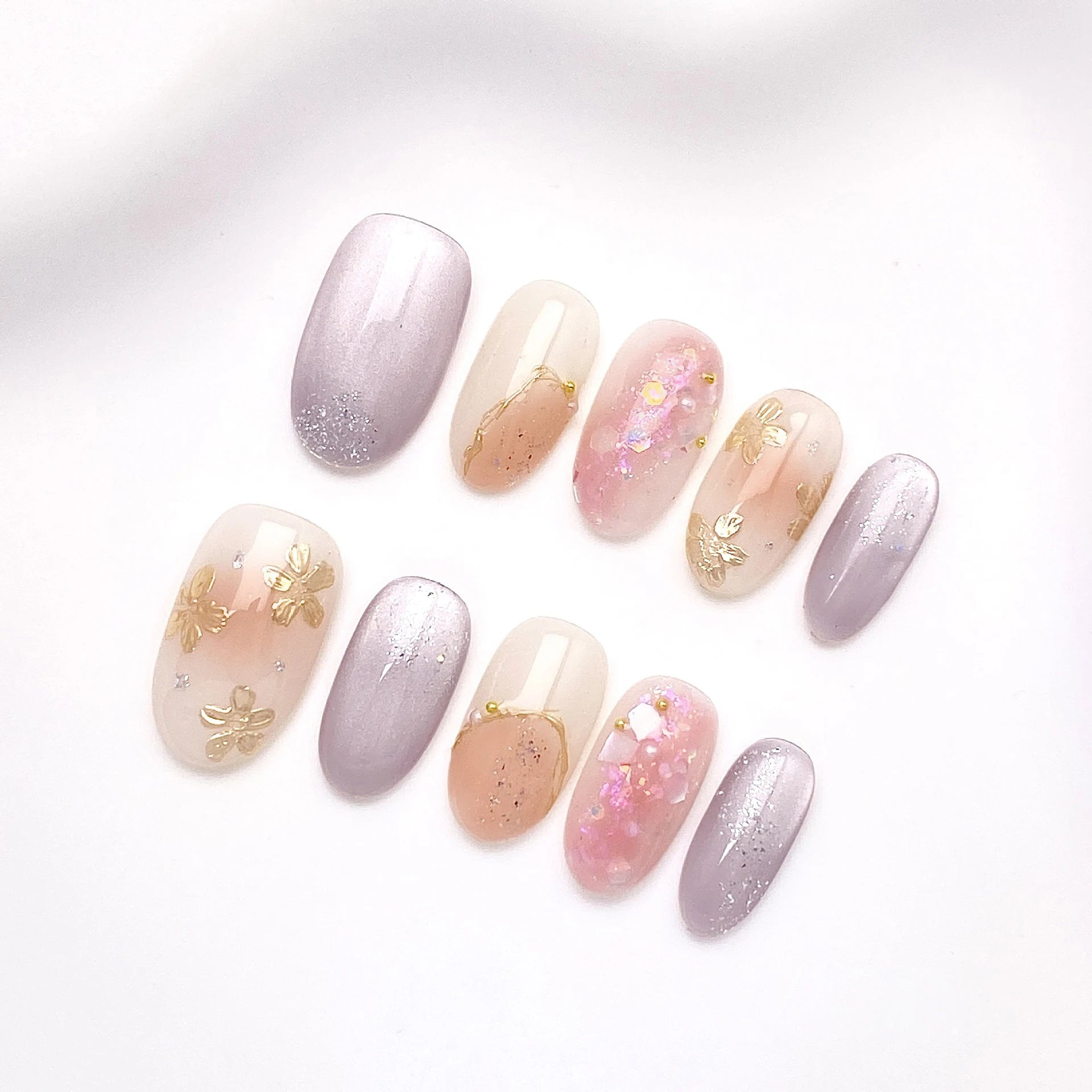 Fantasy Purple Pink Handmade Nails Tips Flower Short Oval False Nail Qme GJ-CDJ-ZB166-S