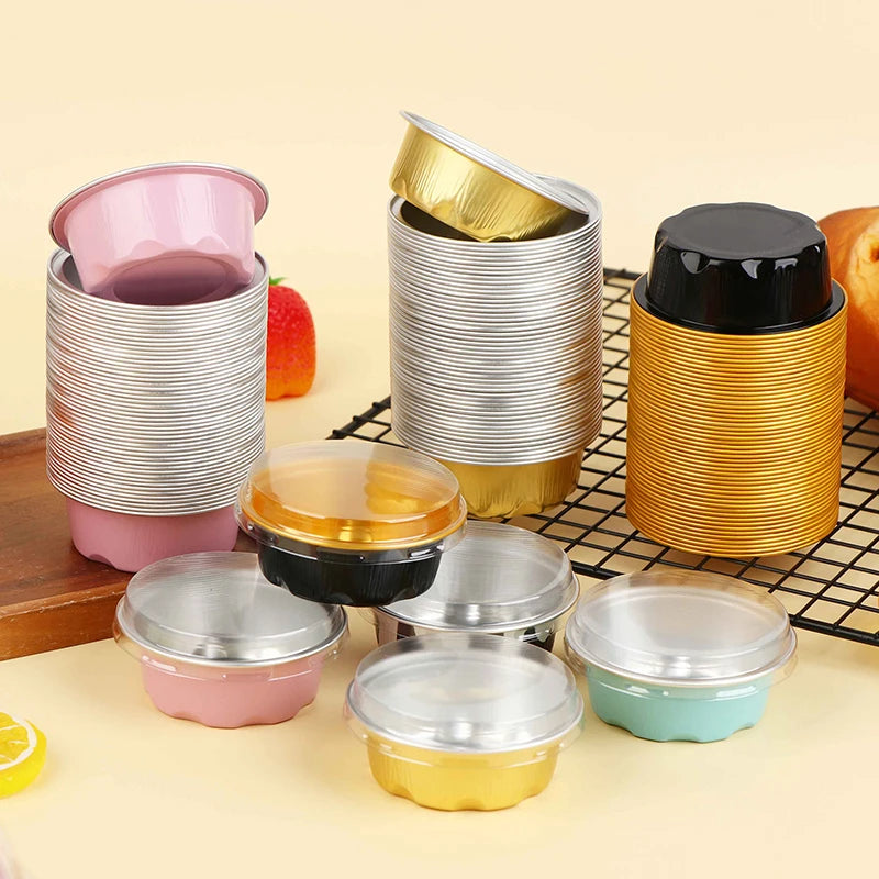 Round Baking Cups Aluminum Foil Wih Lids Reusable Cupcake Desserts Qme