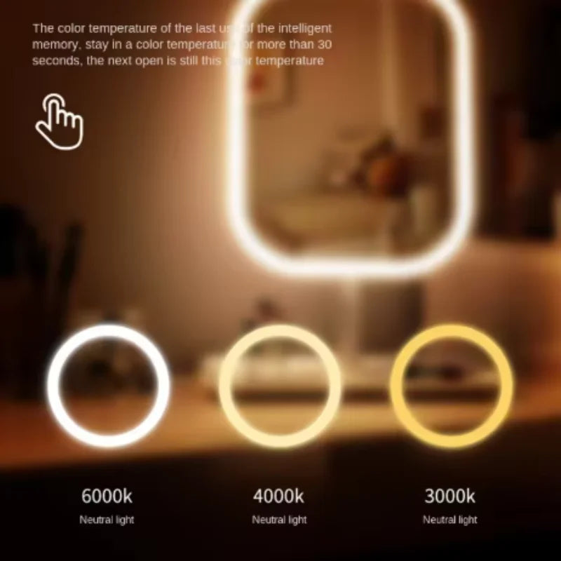 Women Bedroom Desktop Vanity Mirror 3 Color Dimmable Light LED Makeup Touch Control Mirror Home Travel Portable Qme