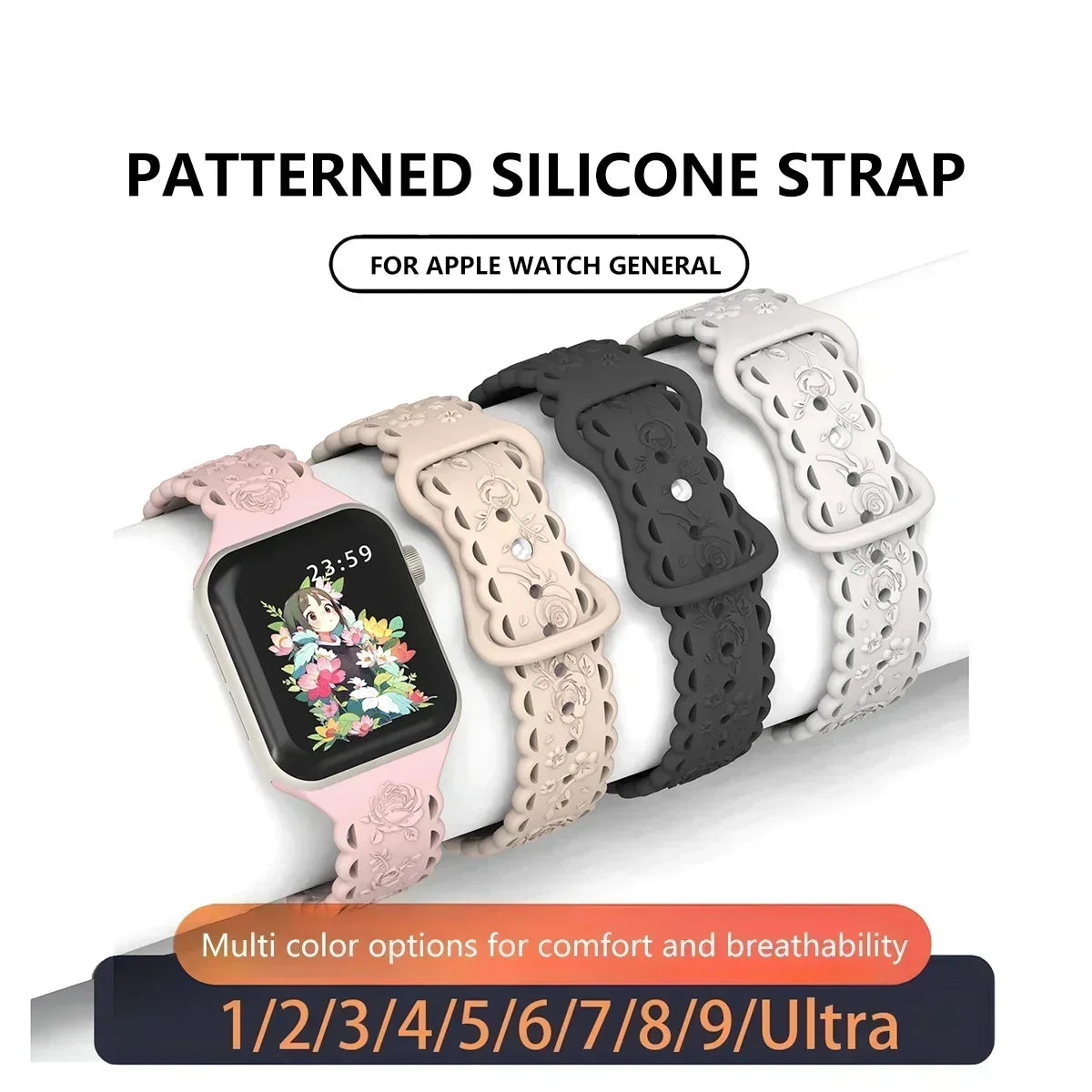 Engraved Floral Strap for Apple Watch Ultra2 49mm 45 44 42 41 40mm 38mm Silicone Band for IWatch Series 9/8/7/6/5/4/3/2/SE Ultra Qme